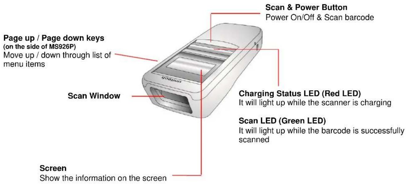 Scan & Power Button Power On/Off & Scan barcode Page up / Page down keys (on the side of MS926P) Move up / down through list of menu items Scan Window Charging Status LED (Red LED) It will light up while the scanner is charging Scan LED (Green LED) It will light up while the barcode is successfully scanned Screen Show the information on the screen