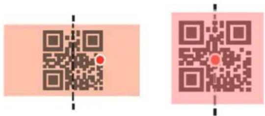 Two QR codes with red dots at center, separated by dashed vertical lines on light pink background