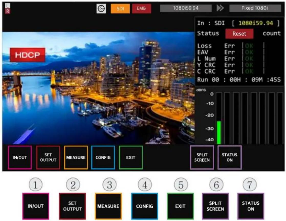 L R SDI EMB 1080i59.94 Fixed 1080i HDCP In : SDI [ 1080i59.94 ] Status Reset count Loss Err OK EAV Err OK L Num Err OK Y CRC Err OK C CRC Err OK Run 00 : 00H : 09M :45S IN/OUT SET OUTPUT MEASURE CONFIG EXIT SPLIT SCREEN STATUS ON ① IN/OUT SET OUTPUT MEASURE CONFIG EXIT SPLIT SCREEN STATUS ON