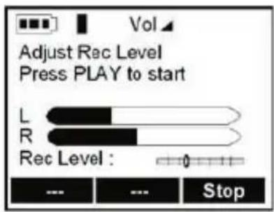 Vol, Adjust Rec Level, Press PLAY to start, L, R, Rec Level: Stop