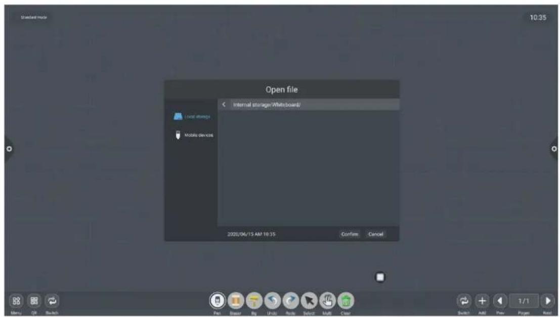 Standard mode 10:35 Open file Internal storage/Whiteboard/ Local stumps Mobile devices 2020/06/15 AM 10:35 Configure Cancel Menu Off Switch Pass Brazil Big Update Guide Select Multi Clear Switch Add Prev Print Next