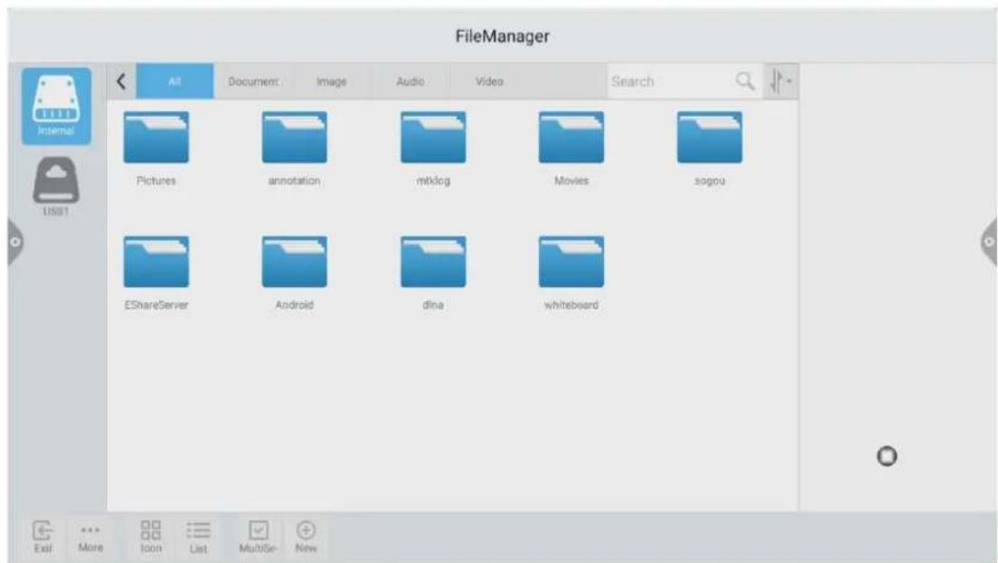 FileManager All Document Image Audio Video Search Pictures annotation mtklog Movies sogou EShareServer Android dina whiteboard Exit More Icon List MultiSe New