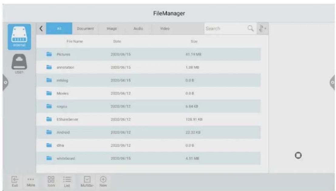 FileManager All Document Image Audio Video Search File Name Date Size Pictures 2020/06/15 41.19 MB annotation 2020/06/15 1.08 MB mtklog 2020/06/15 0.0 B Movies 2020/06/12 0.0 B sogou 2020/06/12 6.84 KB EShareServer 2020/06/12 128.91 KB Android 2020/06/12 22.32 KB dina 2020/06/12 0.0 B whiteboard 2020/06/15 4.51 MB Exit More Icon List MultiSc New