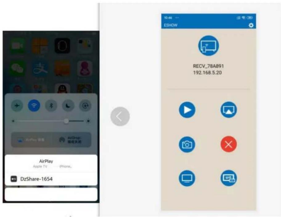 AirPlay Apple TV — iPhone... DzShare-1654 10:46 ... ESHOW RECV_78A891 192.168.5.20