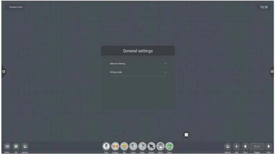Standard mode 10:38 General settings Network sharing Writing mode Menu Edit Switch Open Copy Big Undo Radio Select Mult Clear Switch add Play Pages Next