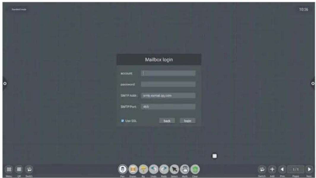 Mailbox login account: password SMTP Addr: smtp.email.qq.com SMTP Port: 465 Use SSL back login 10:36 Menu Off Switch Pass Finish By Undo Rate Select Multi Clear Switch Add Prev Pages Import