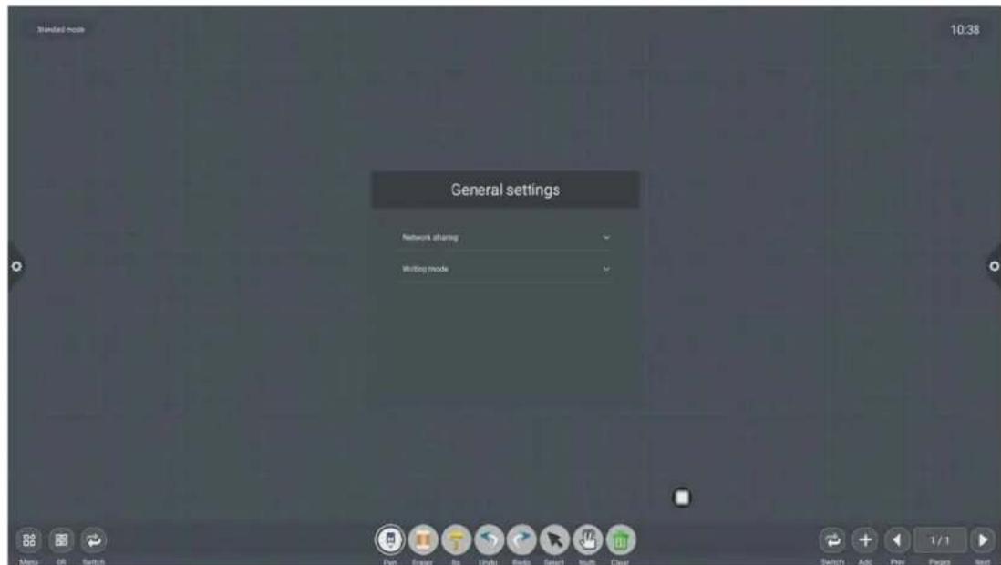 Standard mode 10:38 General settings Network sharing Writing mode Menu OR Switch Print Copy Audio Radio Script Multi Clear Switch Add Play Pages Text