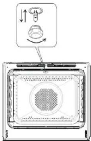 Diagram showing a device with a circular component inside a tray, annotated with directional arrows and a magnified view.