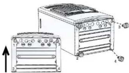 Technical diagram of a toaster oven with labeled parts and an upward arrow indicating motion or assembly.