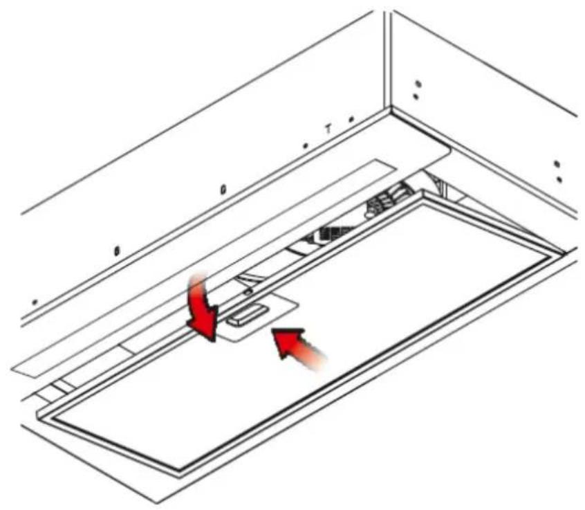 Technical diagram showing a mechanical or electrical component with labeled sections and red directional arrows indicating movement or flow.