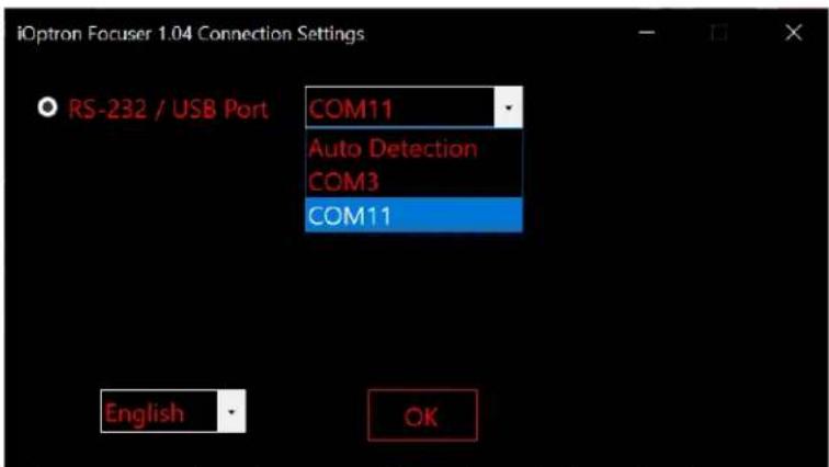 iOption Focuser 1.04 Connection Settings RS-232 / USB Port COM11 Auto Detection COM3 COM11 English OK