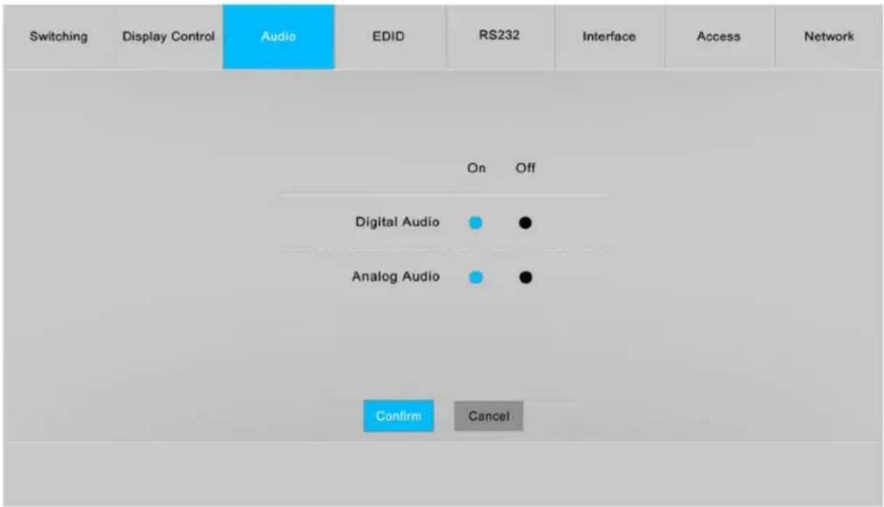 Switching Display Control Audio EDID RS232 Interface Access Network On Off Digital Audio ● ● Analog Audio ● ● Confirm Cancel