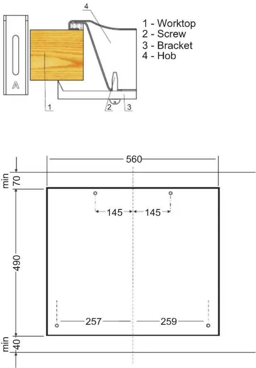 1 - Worktop 2 - Screw 3 - Bracket 4 - Hob min 70 560 145 145 490 257 259 min 40