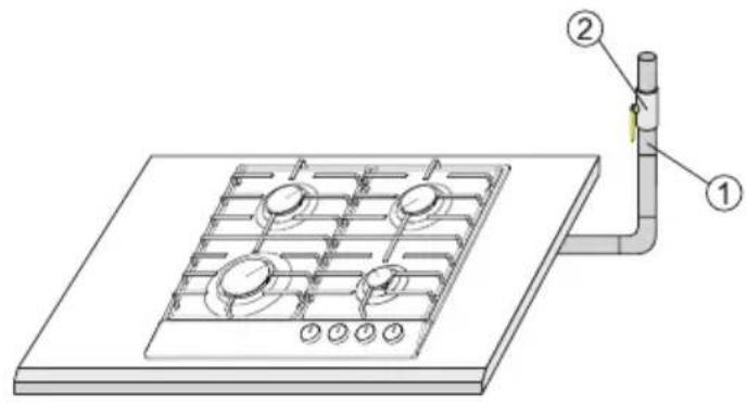 Technical diagram of a gas stove with labeled components and piping connections