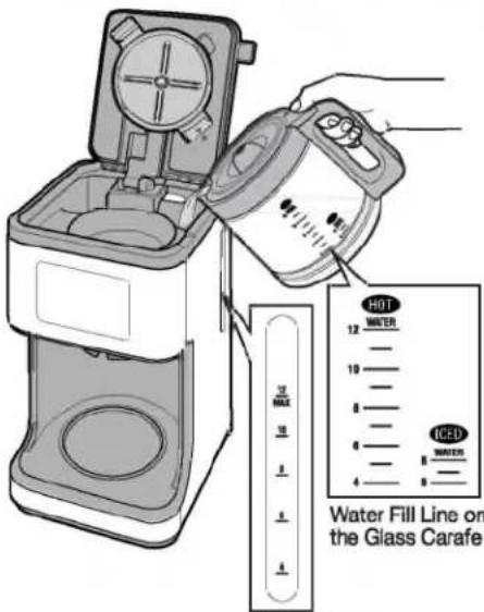 HOT 12 WATER 10 ICED WATER Water Fill Line on the Glass Carafe