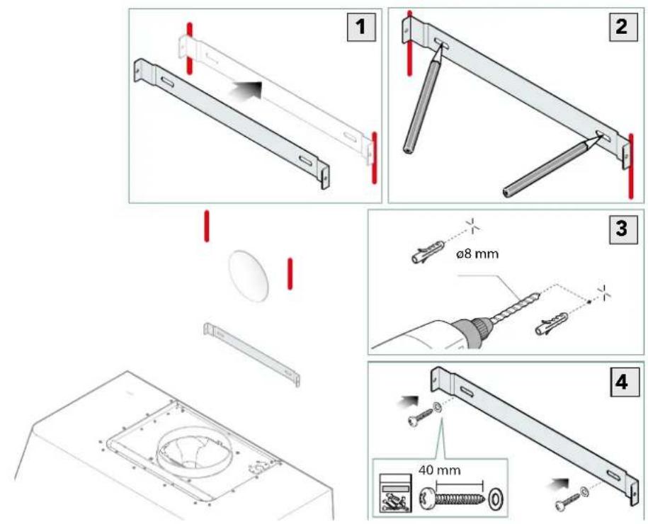 Technical diagram illustrating assembly steps of a mechanical component with labeled parts and dimensions