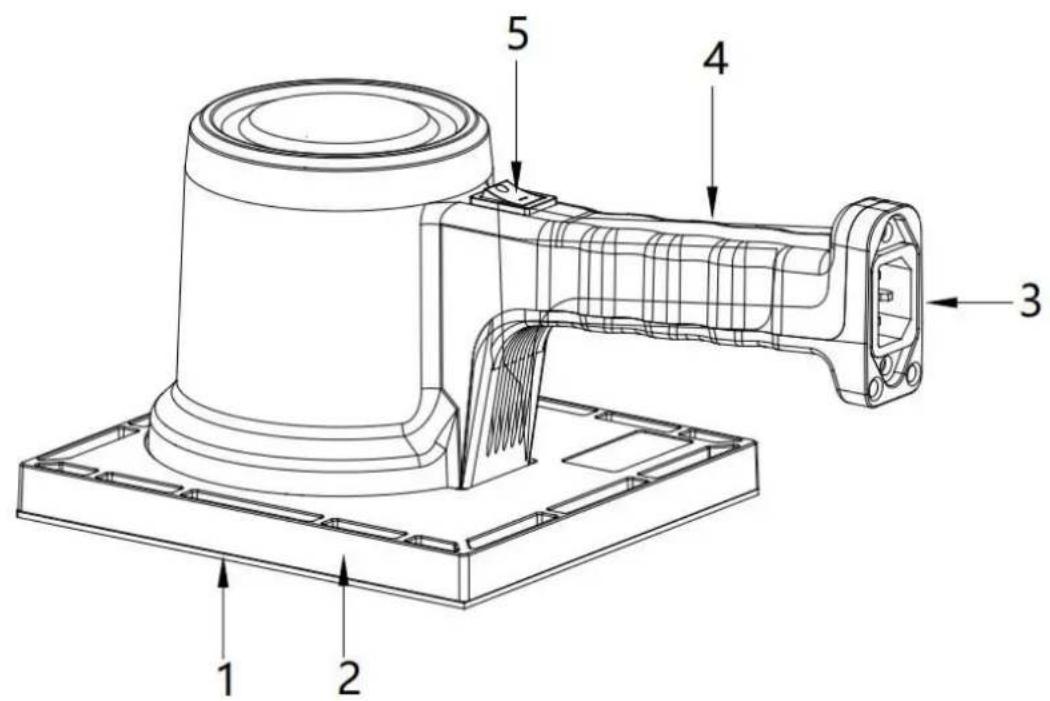 Technical diagram of a mechanical device with numbered components labeled 1 to 5