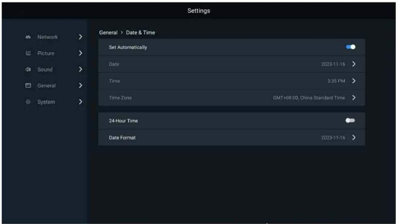 Settings Network > Picture > Sound > General > System > General > Date & Time Set Automatically Date 2023-11-16 > Time 3:35 PM > Time Zone GMT+08:00, China Standard Time > 24-Hour Time Date Format 2023-11-16 >
