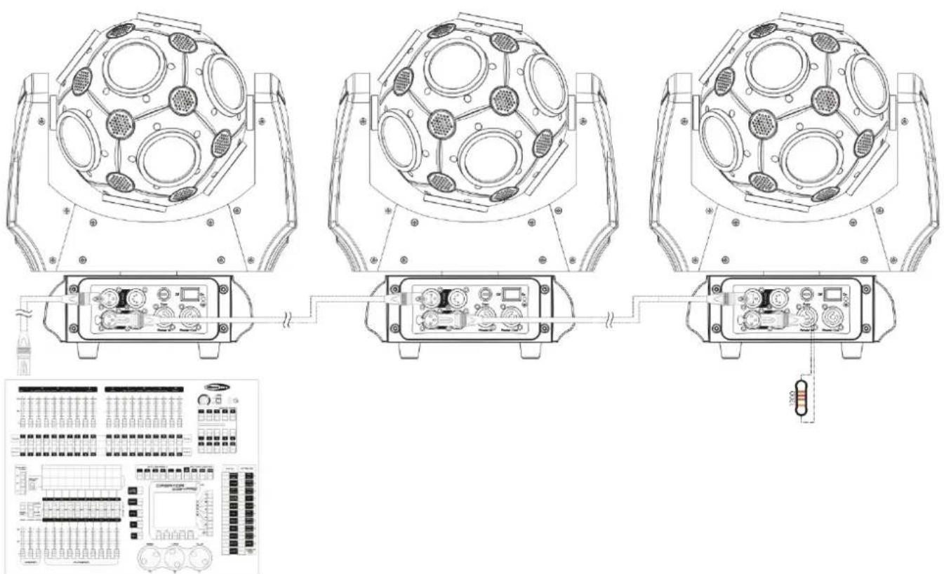 Technical diagram showing three identical mechanical assembly setups with labeled components and a corresponding schematic below.