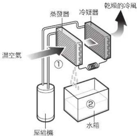 蒸發器 冷凝器 乾燥的冷風 濕空氣 壓縮機 水箱