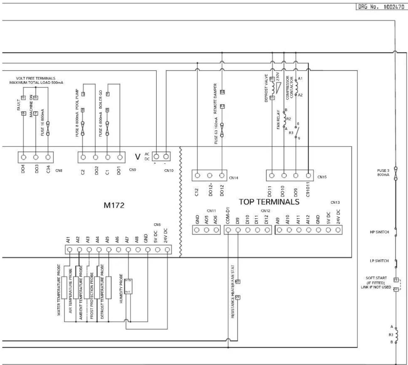 DRG No. 1002470 VOLT FREE TERMINALS MAXIMUM TOTAL LOAD 500mA PAUT S MACHINE ON FUSE 16 800mA C34 DO4 DO3 C34 CN8 FUSE 8 800mA POOL PUMP C2 DO2 C1 DO1 CN9 AC DC CN10 V AC DC M172 TOP TERMINALS A1 A2 A3 A4 A5 A6 A7 A8 GND CN5 WATER TEMPERATURE PROBE AIR TEMPERATURE PROBE AMBIENT TEMPERATURE PROBE FROST PROTECTION PROBE DEFROST TEMPERATURE PROBE HUMIDITY PROBE CO5 RESISTANCE HEATEN FAN STAT COND-11 D19 D110 D111 D112 D112 COND-12 A19 A110 A111 A112 GND 5V DC 24V DC COND-13 GND AO5 AO6 COM-D1 COND-14 C12 DO12-DO12 CN14 COND-15 DO11 DO10 DO9 CN15 COND-16 C91011 COND-17 A2 REMOTE DAMPER COND-18 FUSE 63 160mA COND-19 REMOTE DAMPER COND-20 DEFROST VALVE 230V COND-21 COMPRESSOR CONTACTOR A1 COND-22 R2 B R3 6 COND-23 A2 REMOTE DAMPER COND-24 FAN RELAY COND-25 R3 9 COND-26 CONCRETE SWITCH COND-27 A10 AC LOCK COND-28 CONCRETE SWITCH COND-29 A2 REMOTE DAMPER COND-30 COMPRESSION CONTACTOR A1 COND-31 A3 REMOTE DAMPER COND-32 A4 REMOTE DAMPER COND-33 A5 REMOTE DAMPER COND-34 A6 REMOTE DAMPER COND-35 A7 REMOTE DAMPER COND-36 A8 REMOTE DAMPER COND-37 A9 REMOTE DAMPER COND-40 A10 REMOTE DAMPER COND-41 A11 REMOTE DAMPER COND-42 A12 REMOTE DAMPER COND-43 A13 REMOTE DAMPER COND-44 A14 REMOTE DAMPER COND-45 A15 REMOTE DAMPER COND-46 A16 REMOTE DAMPER COND-47 A17 REMOTE DAMPER COND-48 A18 REMOTE DAMPER COND-49 A19 REMOTE DAMPER COND-50 A20 REMOTE DAMPER COND-51 A21 REMOTE DAMPER COND-52 A22 REMOTE DAMPER COND-53 A23 REMOTE DAMPER COND-54 A24 REMOTE DAMPER COND-55 A25 REMOTE DAMPER COND-56 A26 REMOTE DAMPER COND-57 A27 REMOTE DAMPER COND-58 A28 REMOTE DAMPER COND-59 A29 REMOTE DAMPER COND-60 A30 REMOTE DAMPER