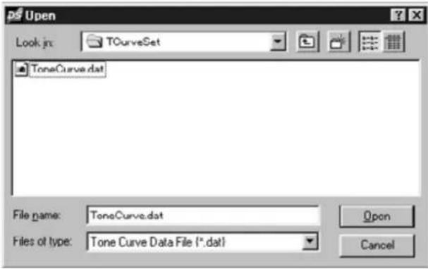 Open Look in: TCurveSet ToneCurve.dat File name: ToneCurve.dat Files of type: Tone Curve Data File (*.dat) Open Cancel