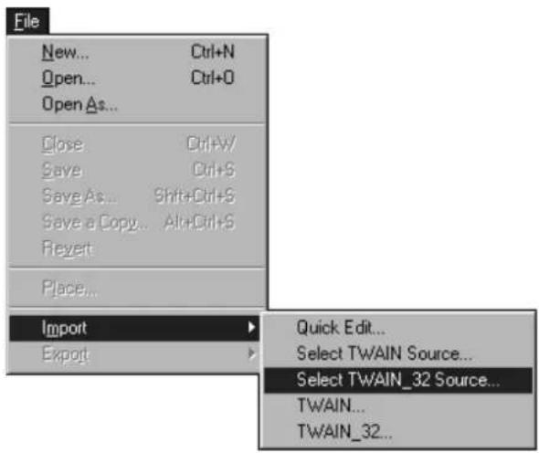 File New... Ctrl+N Open... Ctrl+O Open As... Close Ctrl+W/ Save Ctrl+S Save As... Shift+Ctrl+S Save a Copy... Alt+Ctrl+S Revert Place... Import Export Quick Edit... Select TWAIN Source... Select TWAIN_32 Source... TWAIN... TWAIN_32...