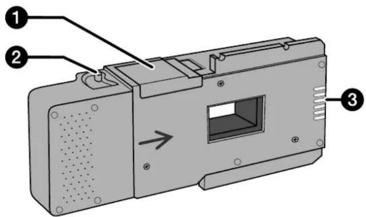 Diagram of a device casing with numbered parts and directional arrow indicating movement or flow