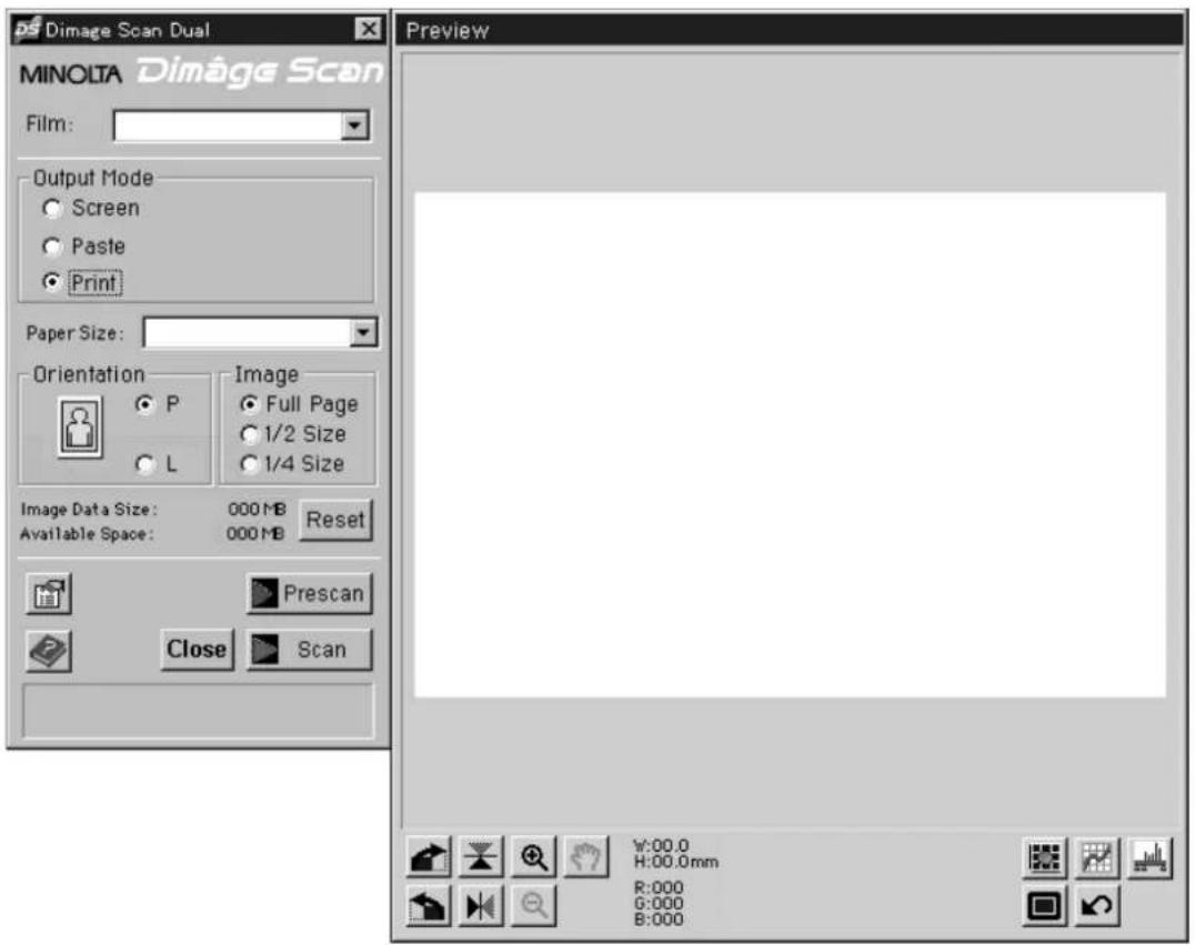DS Image Scan Dual MINOLTA Image Scan Film: Output Mode Screen Paste Print Paper Size: Orientation P Image Full Page 1/2 Size 1/4 Size Image Data Size: 000 MB Reset Available Space: 000 MB Prescan Close Scan Preview W:00.0 H:00.0mm R:000 G:000 B:000