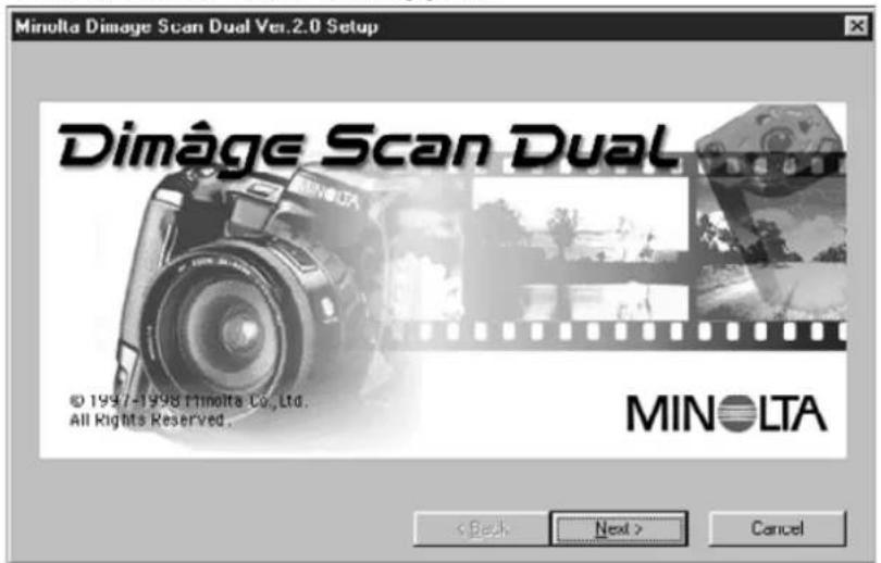 Minolta Image Scan Dual Ver.2.0 Setup Dimâge Scan Dual © 1997-1998 Minolta Co., Ltd. All Rights Reserved. MINOLTA < Back Next > Cancel