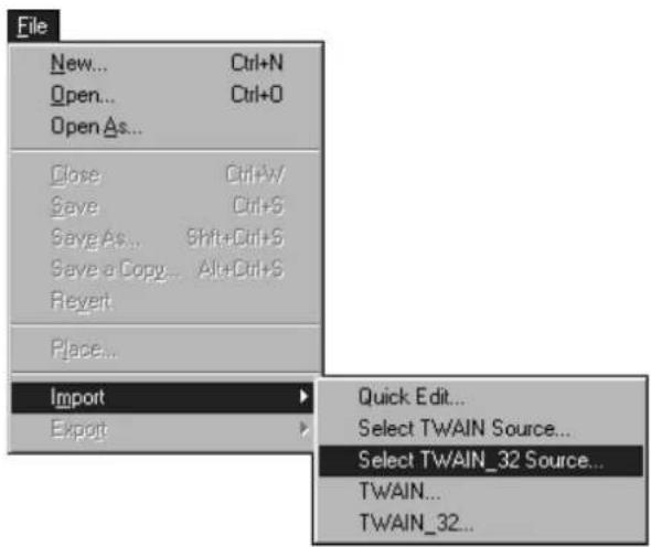 File New... Ctrl+N Open... Ctrl+O Open As... Close Ctrl+W/ Save Ctrl+S Save As... Shift+Ctrl+S Save a Copy... Alt+Ctrl+S Revert Place... Import Export Quick Edit... Select TWAIN Source... Select TWAIN_32 Source... TWAIN... TWAIN_32...