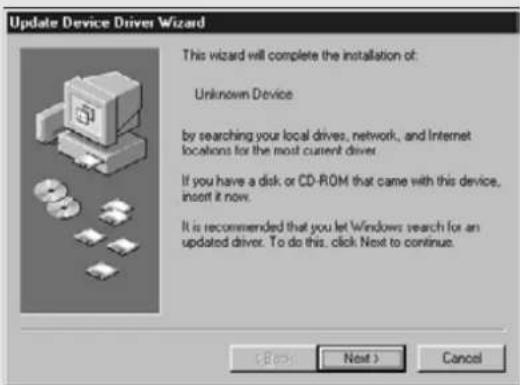 Update Device Driver Wizard This wizard will complete the installation of: Unknown Device by searching your local drives, network, and Internet locations for the most current driver If you have a disk or CD-ROM that came with this device, insert it now. It is recommended that you let Windows search for an updated driver. To do this, click Next to continue.