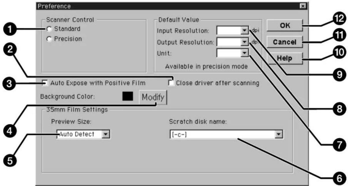 Preference Scanner Control Standard Precision Default Value Input Resolution: dpi Output Resolution: dpi Unit: Available in precision mode Auto Expose with Positive Film Close driver after scanning Background Color: Modify 35mm Film Settings Preview Size: Auto Detect Scratch disk name: [-c-] OK Cancel Help 12 11 10 9 8 7 6 5