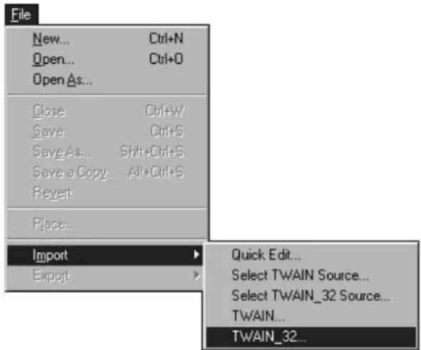 File New... Ctrl+N Open... Ctrl+O Open As... Close Ctrl+W Save Ctrl+S Save As... Shift+Ctrl+S Save a Copy... Alt+Ctrl+S Revert Place... Import Export Quick Edit... Select TWAIN Source... Select TWAIN_32 Source... TWAIN... TWAIN_32...
