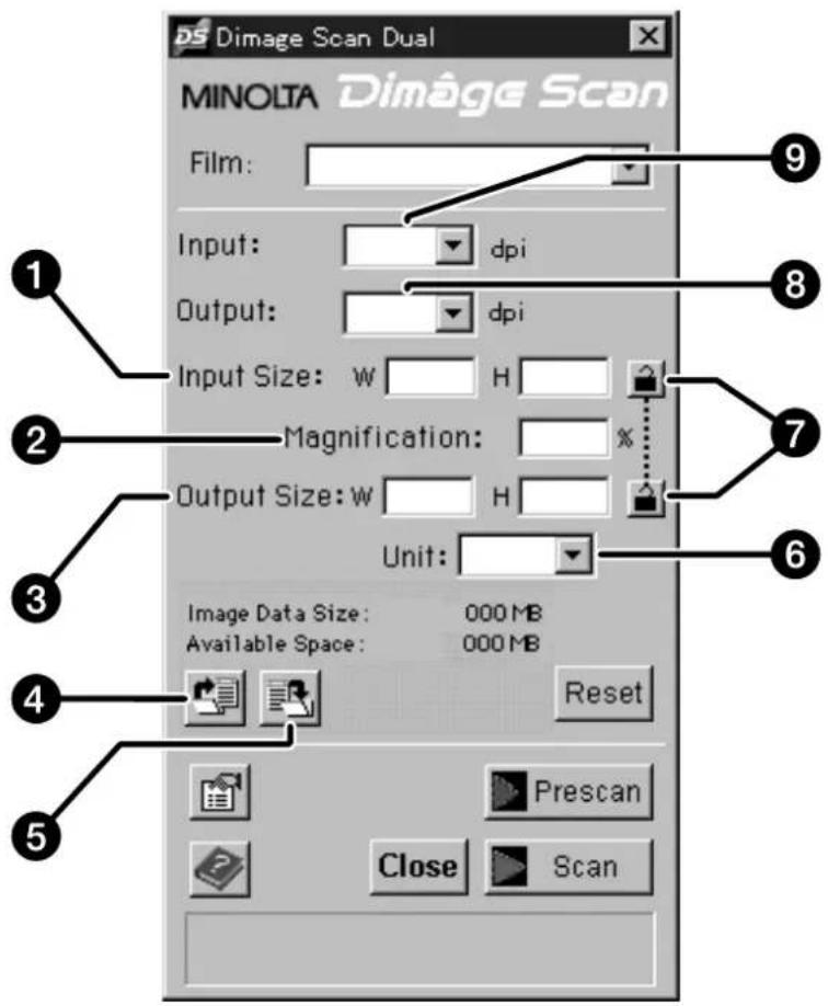 DS Image Scan Dual MINOLTA Dimg Scan Film: Input: dpi Output: dpi Input Size: w H Magnification: % Output Size: w H Unit: Image Data Size: 000 MB Available Space: 000 MB Reset Prescan Close Scan 1 2 3 4 5 6 7 8 9