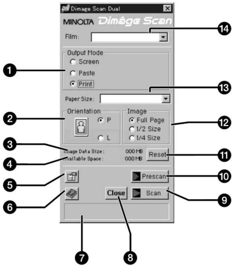 DS Dimage Scan Dual MINOLTA Dimage Scan Film: Output Mode Screen Paste Print Paper Size: Orientation P Image Full Page 1/2 Size 1/4 Size Image Data Size: 000 MB Reset Available Space: 000 MB Prescan Close Scan 14 13 12 11 10 9 8 7