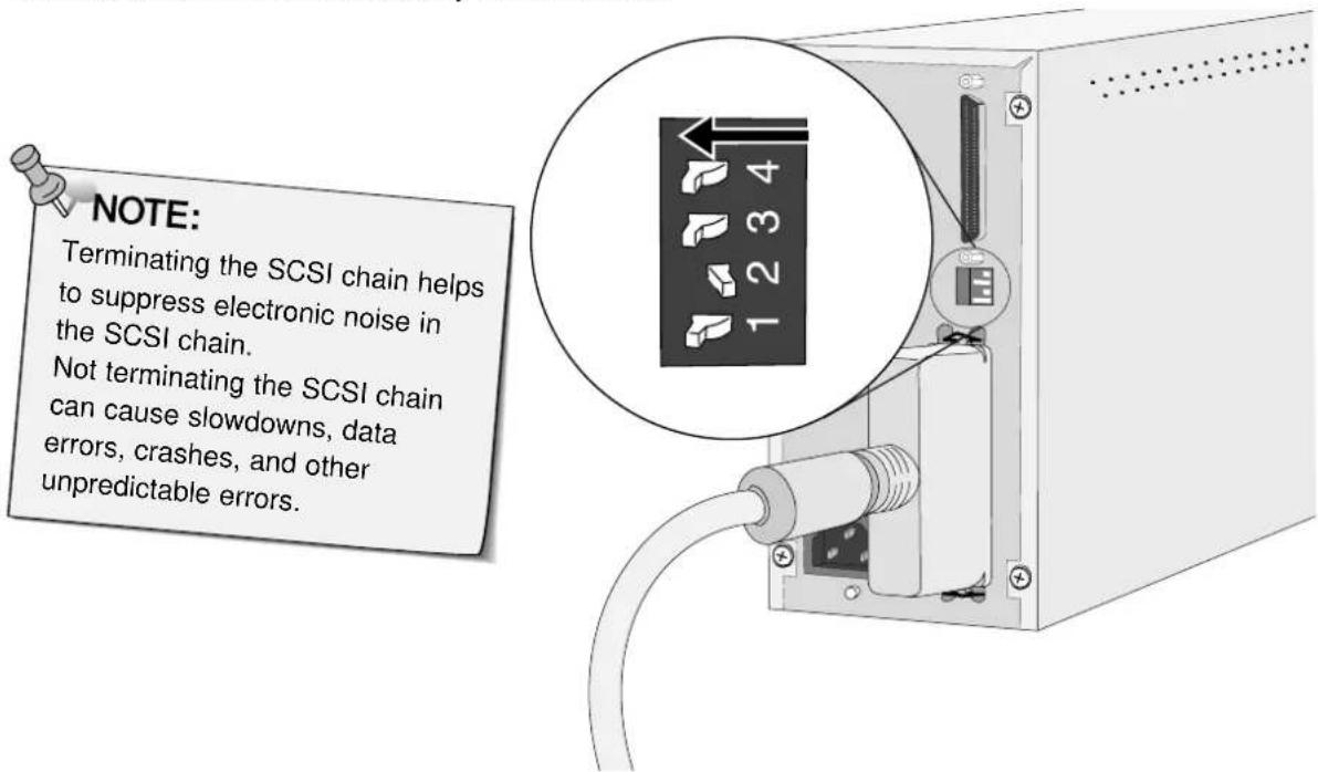 NOTE: Terminating the SCSI chain helps to suppress electronic noise in the SCSI chain. Not terminating the SCSI chain can cause slowdowns, data errors, crashes, and other unpredictable errors.