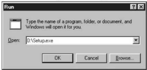 Run Type the name of a program, folder, or document, and Windows will open it for you. Open: D:\Setup.exe OK Cancel Browse...