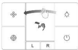 Diagram showing hand gesture icons with labels L and R, including symbols for butterfly, sun, gear, and light.