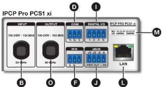 IPC P PRO PCS1 xi D I INPUT 100-240V - 10A MAX 50-60Hz OUTPUT 100-240V - 10A MAX 50-60Hz COM Tx Rx G DIGITAL I/O 1 2 3 G IPC PRO PCS1 xi MCC 31-29-AU CTX-7/22 ST 488888 E48888 IP/S S G eBUS +V +5 -5 G PWR OUT = 6W LAN B O F J L