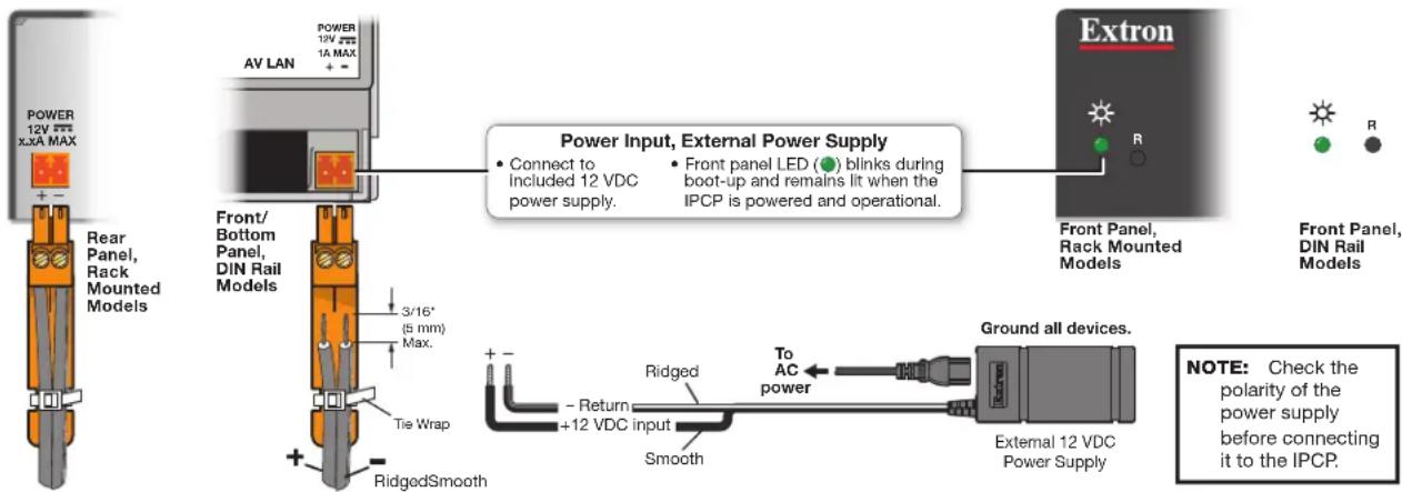 POWER 12V XXA MAX + - Rear Panel, Rack Mounted Models AV LAN Power 12V 1A MAX + - Front/ Bottom Panel, DIN Rail Models 3/16* (5 mm) Max. Tie Wrap + - RidgedSmooth Power Input, External Power Supply • Connect to Included 12 VDC power supply. • Front panel LED (●) blinks during boot-up and remains lit when the IPCP is powered and operational. Extron R Front Panel, Rack Mounted Models R Front Panel, DIN Rail Models Ground all devices. Ridged To AC power - Return +12 VDC input Smooth External 12 VDC Power Supply NOTE: Check the polarity of the power supply before connecting it to the IPCP.