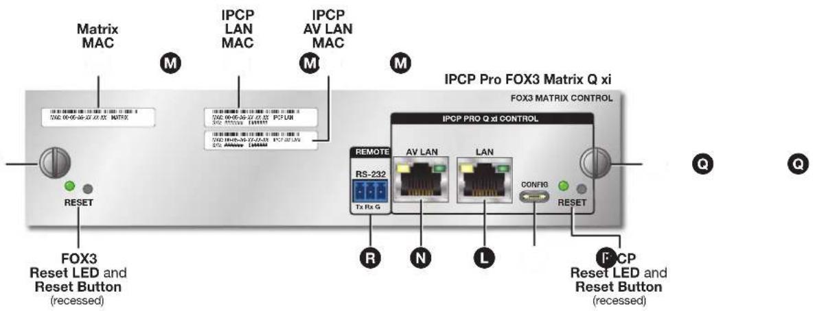 Matrix MAC IPCPLAN MAC IPCPAV LAN MAC IPC Pro FOX3 Matrix Q xi FOX3 MATRIX CONTROL IPCP PRO Q xi CONTROL REMOTE AV LAN LAN RS-232 Tx Rx G CONFIG RESET R N L F MCP Reset LED and Reset Button (recessed) RESET FOX3 Reset LED and Reset Button (recessed)