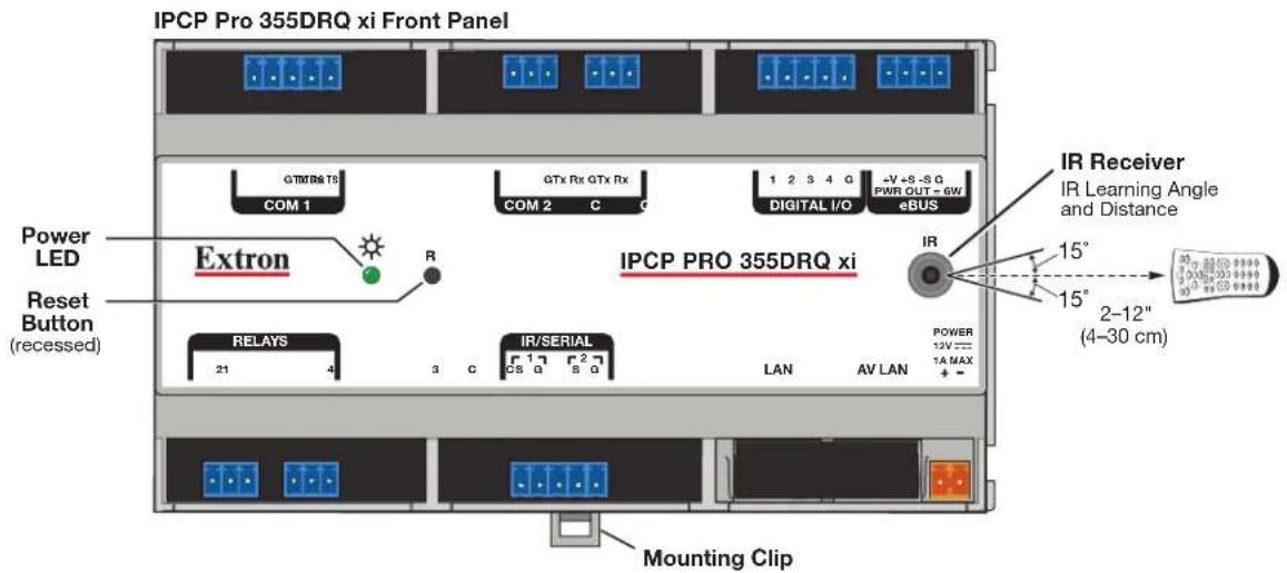 IPC P Pro 355DRQ xi Front Panel GTMRS TS COM 1 GTx Rx GTX Rx COM 2 C C 1 2 3 4 G DIGITAL I/O -V+5-3 G POWER OUT = 6W eBUS Power LED Extron Reset Button (recessed) RELAYS 21 4 3 C IR/SERIAL CS G S G LAN AV LAN POWERS 12V == 1A MAX + Mounting Clip IR Receiver IR Learning Angle and Distance 15° 15° 2-12" (4-30 cm)