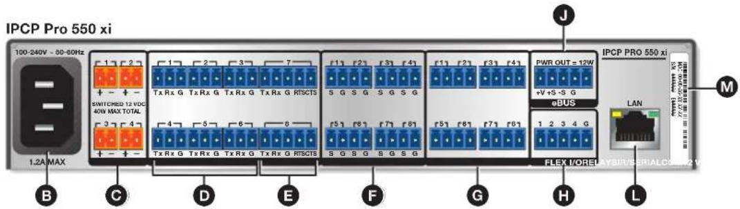 IPC P PRO 550 xi 100-240V - 00-80Hz + - + - SWITCHED 12 VDC 40W MAX TOTAL 1.2A MAX B C D E F G H L FLEX I/OREL/SIR/SERIALCS#21 J PWR OUT = 12W +V+S-S G eBUS IPC P PRO 550 xi LAN M