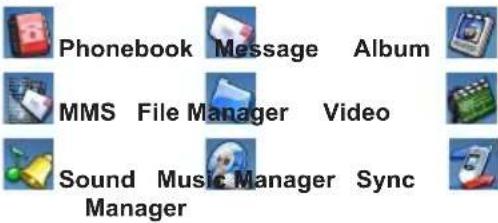 Phonebook Message Album MMS File Manager Video Sound Music Manager Sync Manager