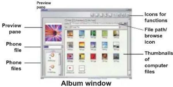 Preview pane Preview pane Phone file Phone files Icons for functions File path/ browse icon Thumbnails of computer files Album window