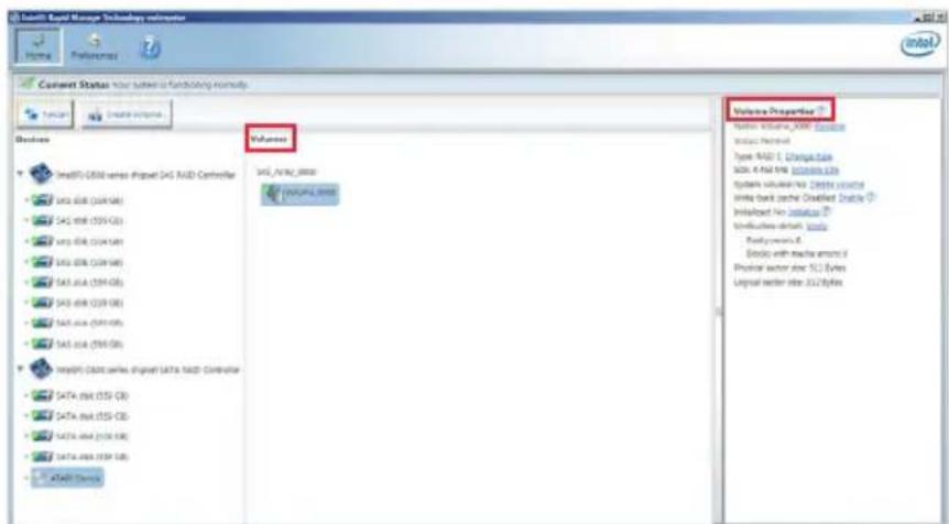 Intel Rapid Storage Technology enterprise navigator. Home. Preferences. Comment Status: Your subunit is functioning normally. Functions. Create options. Volumes. SATA_1000_0000. USEUM_Please. Volume Properties. Service Volume_AMM Services. Initial Process. Type: MDD 1, Digital Grid. SATA & NAM Web S…