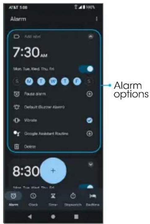7:30 AM Mon. Tue. Wed. Thu. Fri Pause alarm Default (Buzzer Alarm) Vibrate Google Assistant Routine Delete 8:30 + More Tue Wed Thu 3rd Alarm Clock Timer Stopwatch Readline