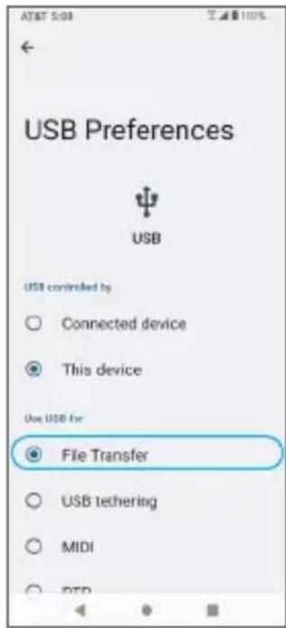USB Preferences USB USB controlled by Connected device This device Use USB for File Transfer USB tethering MIDI PTB