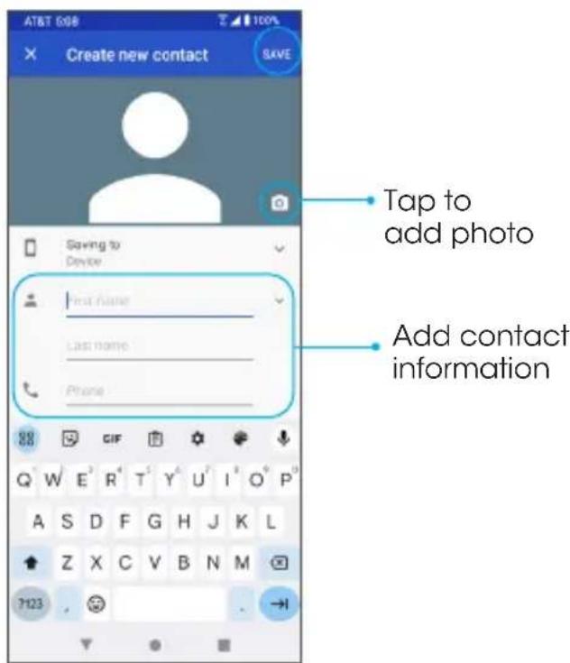 AT&T 608 Create new contact SAVE Saving to Device First Name Last Name Phone Tap to add photo Add contact information 88 GIF Q W E R T Y U I O P A S D F G H J K L Z X C V B N M 7123